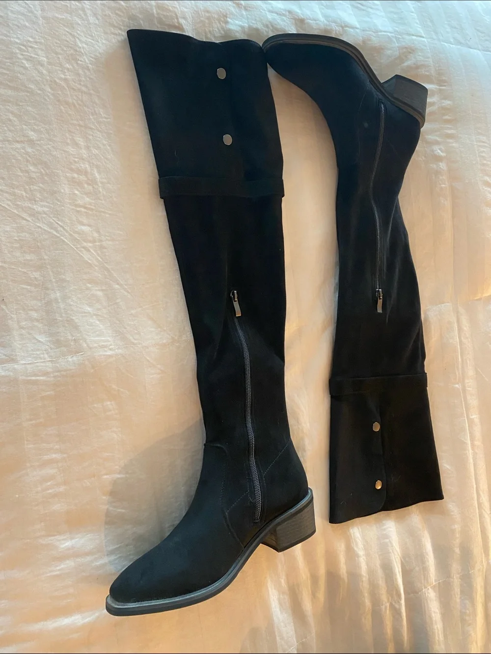 Over-the-Knee Black Suede Boots with Buckle Accent